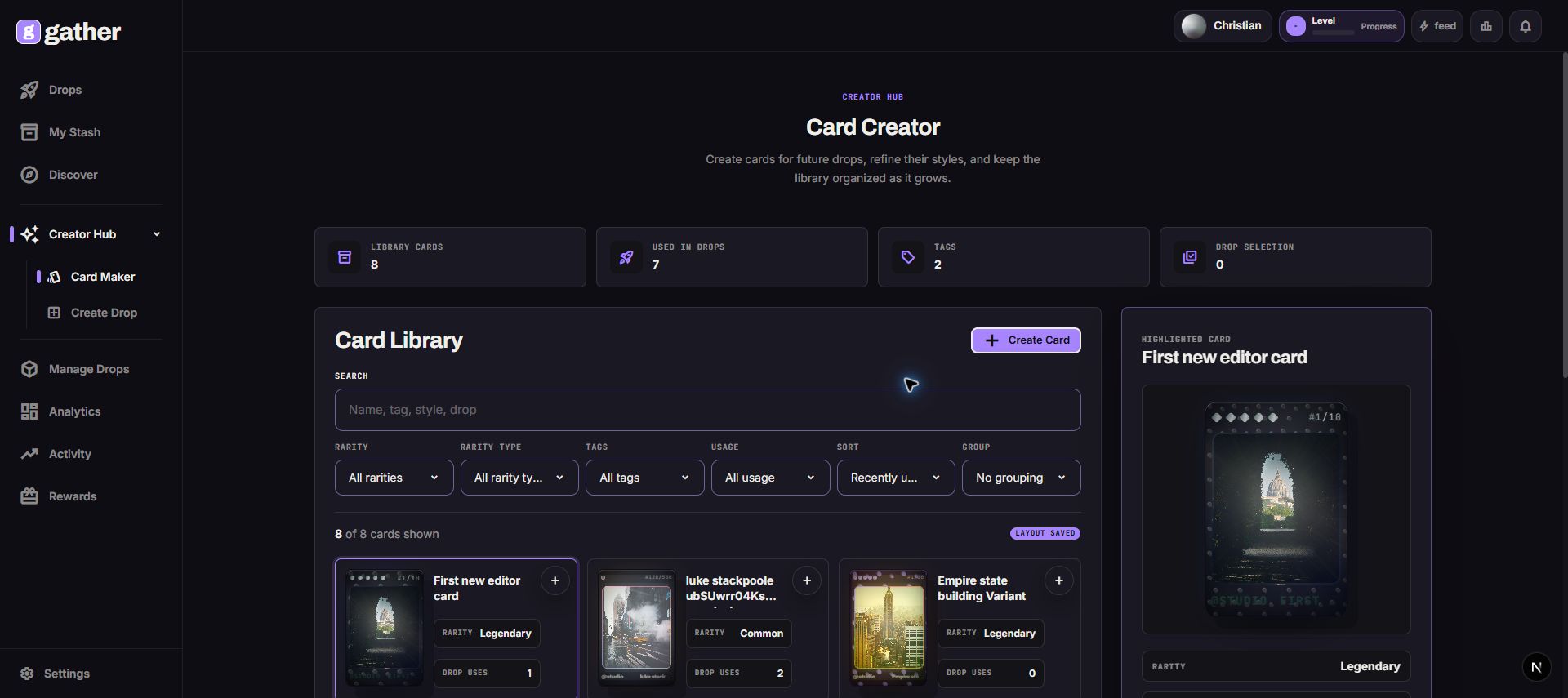 Gather web app Card Creator screen.