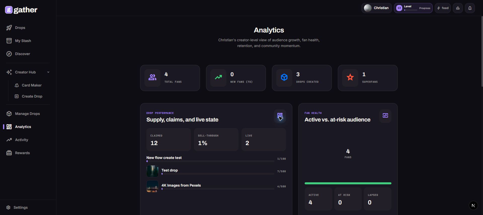 Gather web app Analytics screen.
