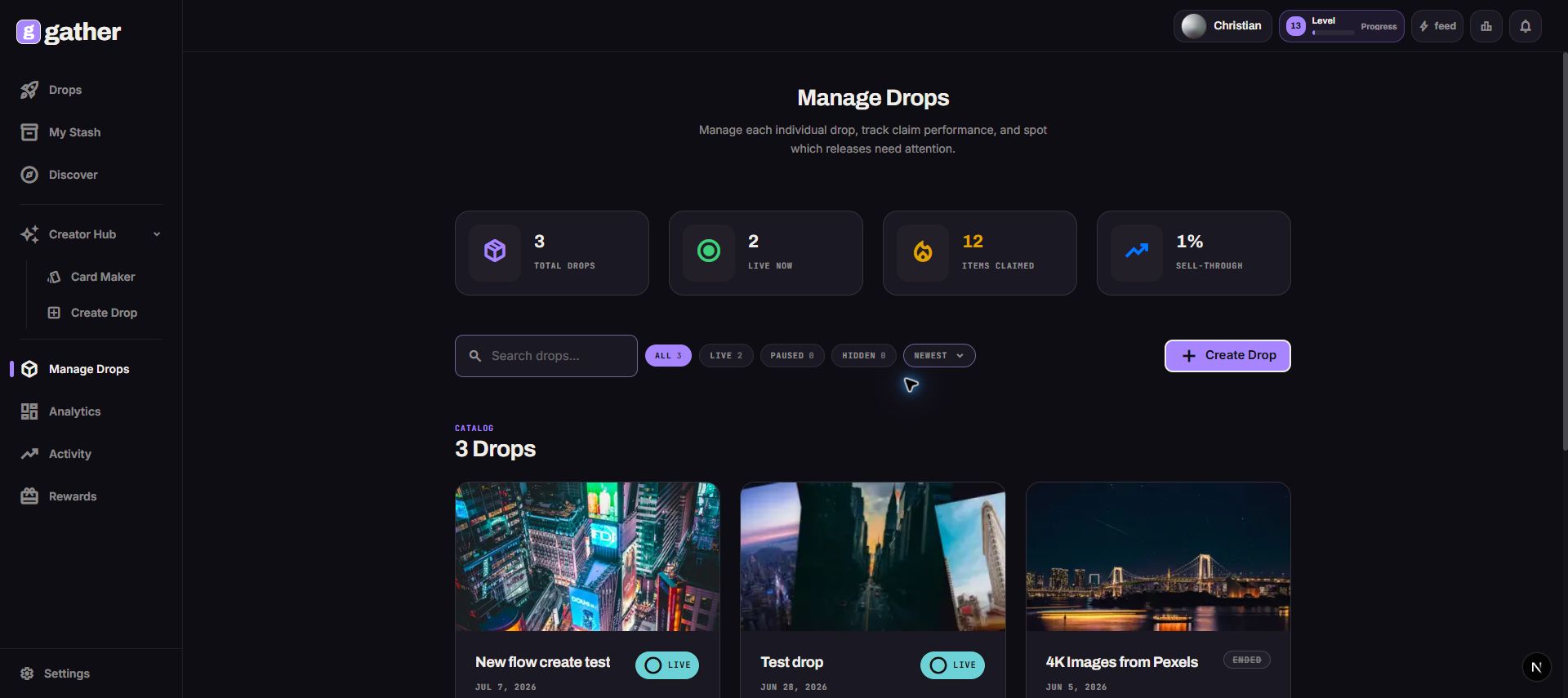 Gather web app Manage Drops screen.